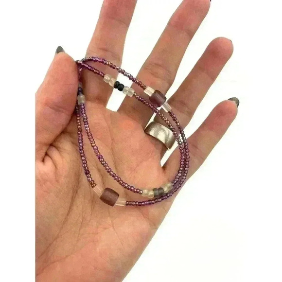 Purple Mini Seed Bead Necklace Layered Iridescent Glass Frosty Jewelry 17" - Picture 8 of 11